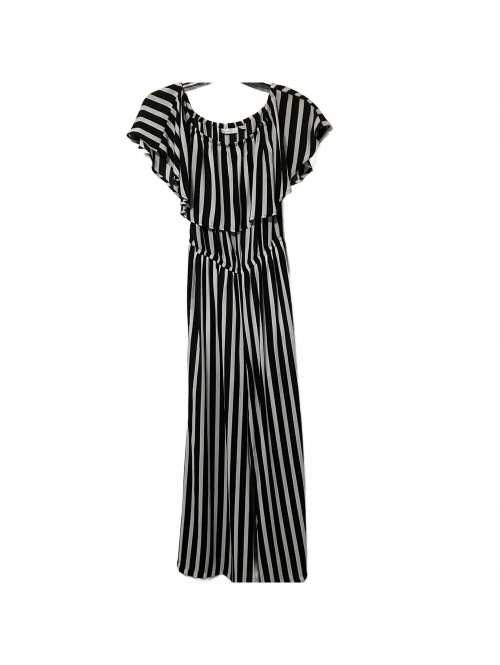 New York & Company Minimalist Black White Stripe Ruffle Wide-Leg Jumpsuit Small